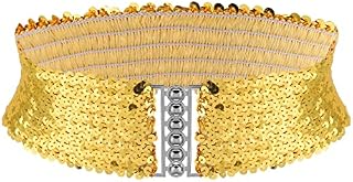 Geyoga Sequin Belt Gold Sparkly Belt Wide Chunky Belts for Women Metal Buckles Shiny Gold Belt Elastic Waist Cinch Belt for 70s 80s Costume Party