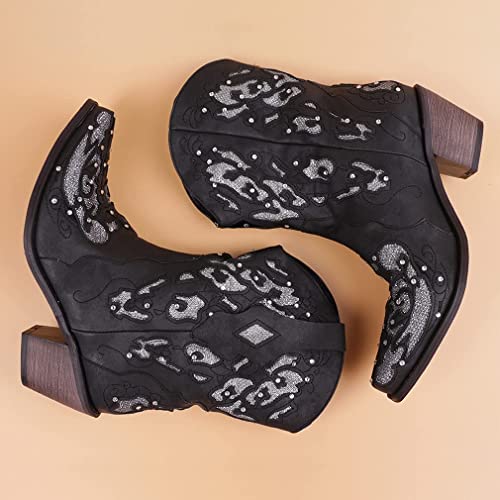 Heelchic Women Glitter Inlay Crystals Cowgirl Boots Ankle Square Toe Chunky Heel Western Short Boots #TOP4