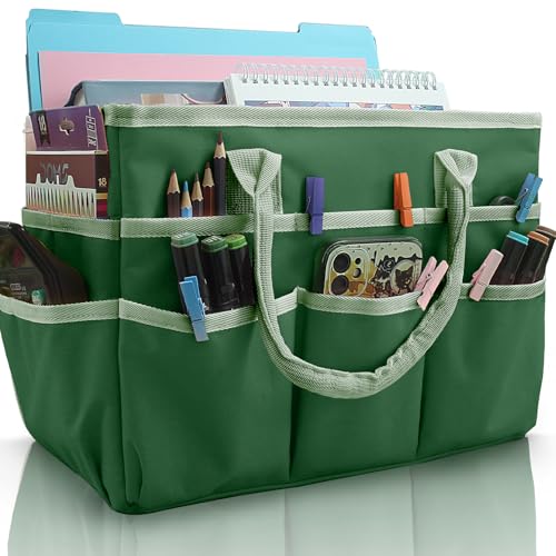 Image of Cupohus Art Organizer Craft Storage Tote Bag with Pockets and Handles, Oxford Fabric Carrying Caddy for Teacher, Officer, Artist, Traveler, and more -Green