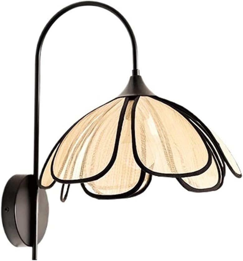 Nordic Modern Wall Sconce Black Hardware Arc Arm & Fabric Petal Shade LED Wall Lamp Creative for Living Room Bedroom Café Hallway Entryway French Retro Art Decor Ambient Lighting Fixture