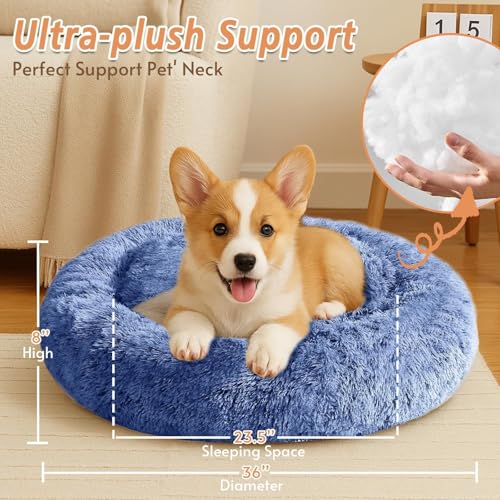 Image of JOLLYVOGUE Calming Dog Beds Large Sized Dog, 36in Donut Washable Large Pet Bed, Anti-Slip & Anti-Anxiety Fluffy Faux Fur Round Dogs Bed, Fits up to 80 lbs Pets (Navy Blue)