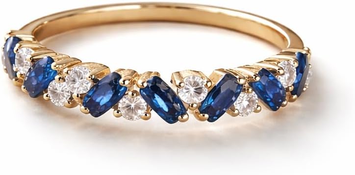 Blue Sapphire and Diamond Wedding Band 14K Yellow Gold Half Eternity Ring Alternating Sapphire Round Diamond Anniversary Band Stackable Promise Jewelry Gift for Women