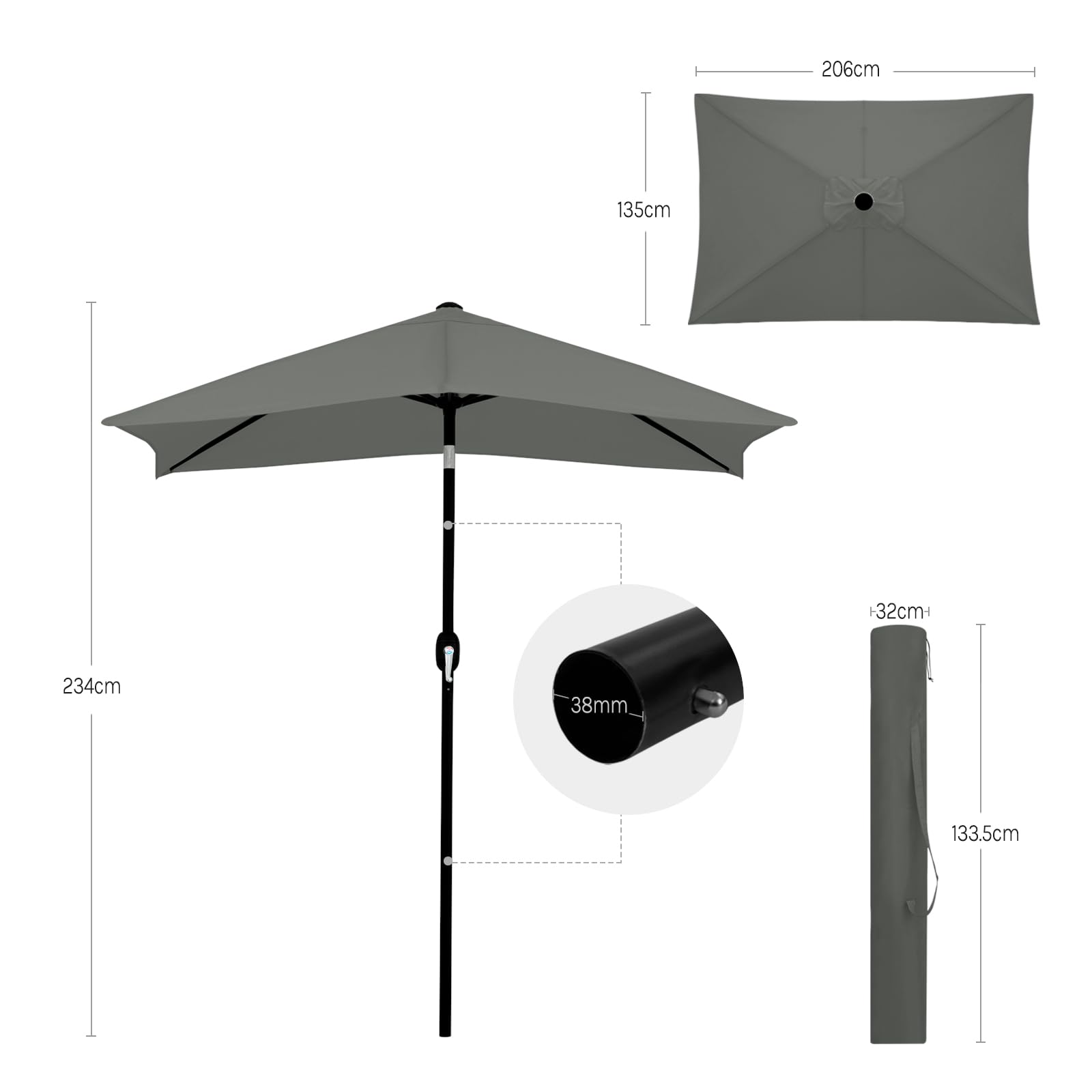 WOLTU Ombrellone da Giardino, Ombrellone da Spiaggia con Protezione UPF 50+, Inclinazione Regolabile, Borsa per Trasporto, Parasole Ventilato per Balcone/Giardino/Spiaggia, 206x135cm