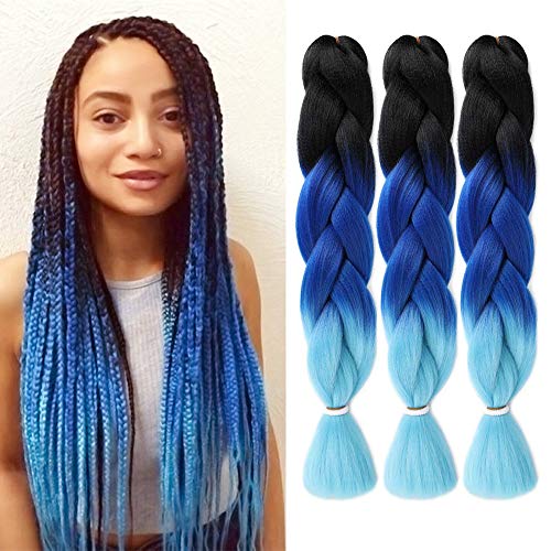 3Pcs/Lot Ombre Jumbo Braids Synthetic Kanekalon Afro Braiding Hair Extensions 24 Inch for Women 3 Tone Color Twist Crochet Braids 100g(Black/Dark Blue/Light Blue)
