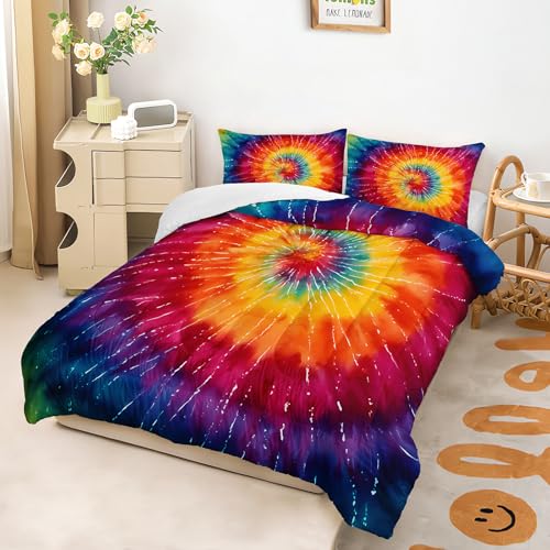 Image of AILONEN Rainbow Tie-Dye Bedding Set Queen Size for Kids Teens Adults,Colorful Spiral Comforter with 2 Pillowcases,3Pcs Boho Psychedelic Quilt Set for All Season