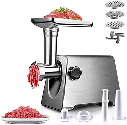 Moedor de Carne Elétrico 400W (2800W Máx), Máquina de Moer Carne Com Lâmina E 3 Pratos, Tubo de cabeça e Empurrador - Ideal para Churrasco, Hambúrguer Caseiro e Comida para Pets (220V)