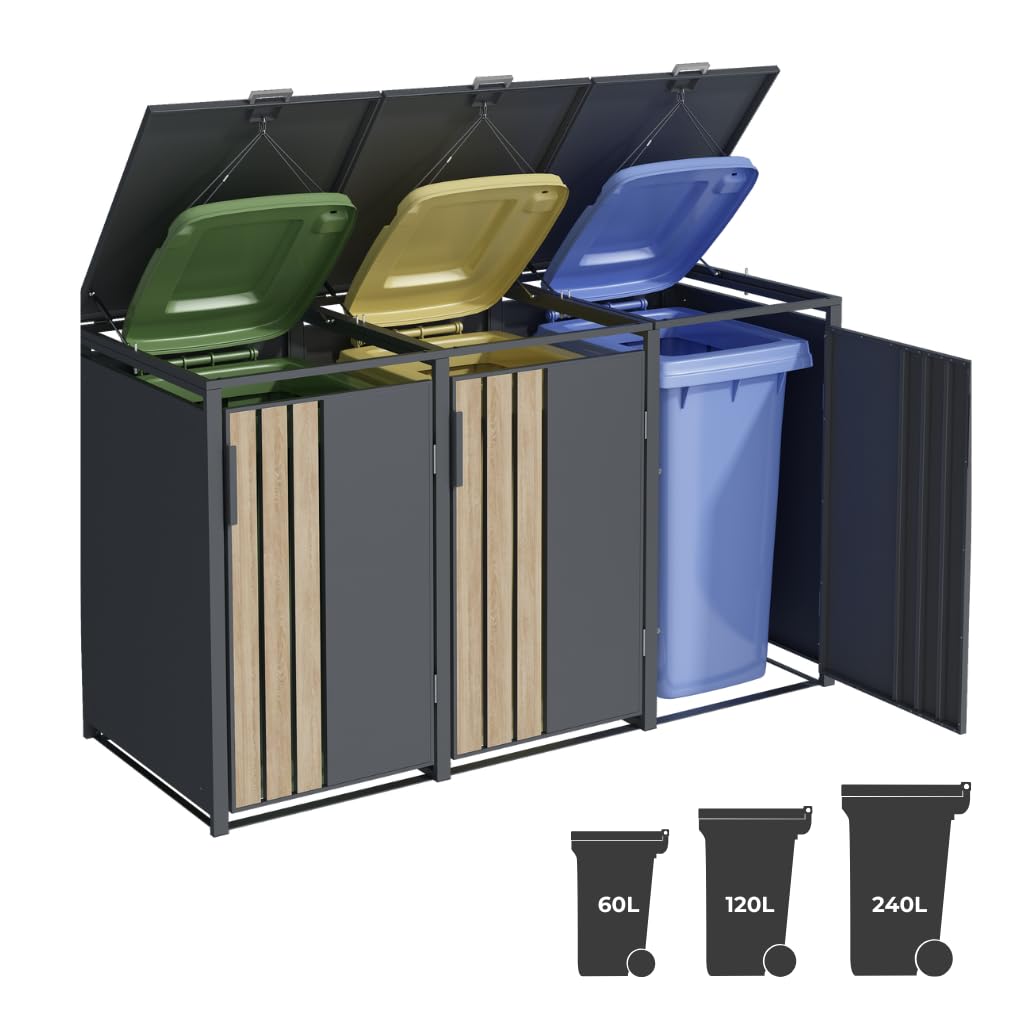 Abri Poubelles 3 Bacs à Toit Plat, Acier Galvanisé Gris et Effet Bois