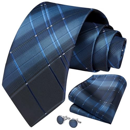 Image of HISDERN Ties for Men Stripe Plaid Tie Classic Necktie Pocket Square Cufflinks Set for Formal Wedding Business Party