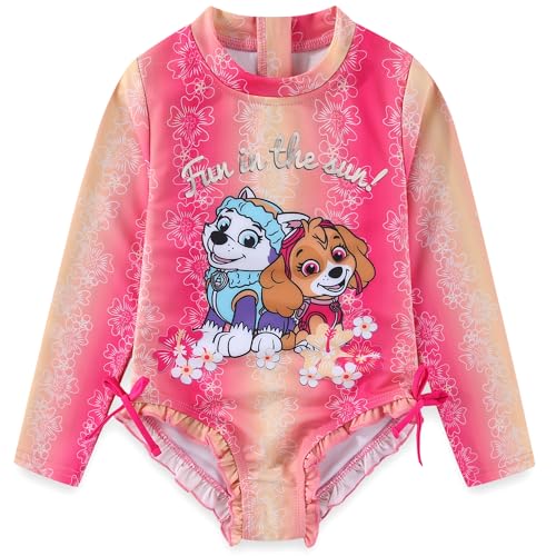 Paw Patrol Nickelodeon Girls UPF 50+ One Piece Long Sleeve Rash Guard Bathing Suit for Toddler and Big Kids