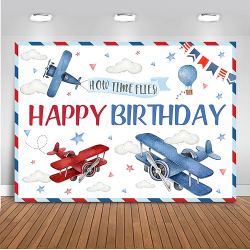 Mocsicka Airplane Birthday Backdrop Red and Blue Airplane Birthday Party Decorations How Time Flies Happy Birthday Airplane Photo Background Banner (7x5ft)