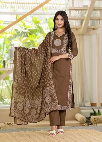 Image of Pistaa's Women's Ethnic Motifs Printed Regular Pure Cotton Kurta with Trousers With Dupatta Set