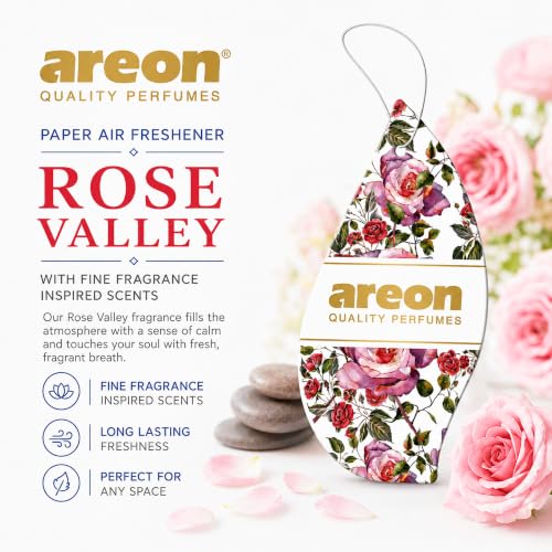 Image of AREON Rose Valley Hanging Air Freshener - Luxury Rose Floral Fragrance for Car, Home, Office, Long Lasting Perfume Aroma Odor Eliminator Decorative Scent Freshener (Pack of 3)