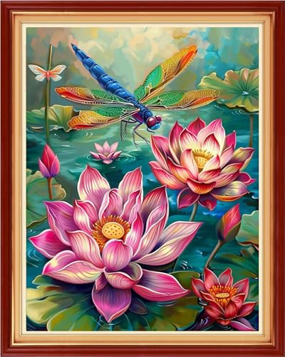 Image of Funchey Stamped Cross Stitch Kits, DIY Cross Stitch Pattern for Adults Beginners Needlepoint Kits Embroidery Kit Arts and Crafts 11CT-Colorful Lotus Dragonfly 16x20 inch