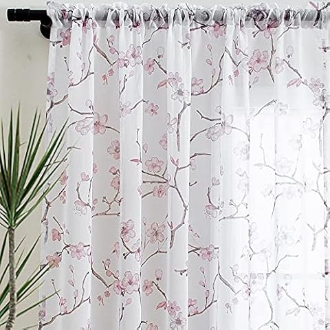 Linentalks Floral Pink Sheer Curtains 84 Inches Long, Cherry Flower Pattern Semi Sheer Blush Curtain Drapes for Living Room, Rod Pocket Window Panels for Bedroom Set of 2 Pcs Cover