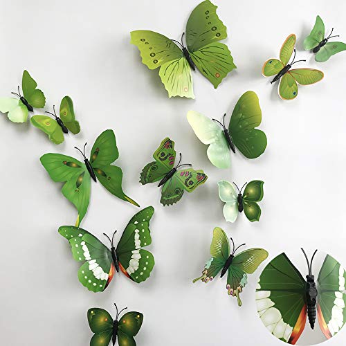 Image of 36pcs 3D Colorful Butterfly Wall Stickers DIY Art Decor Crafts for Party Nursery Classroom Offices Kids Girl Boy Baby Bedroom Bathroom Living Room Magnets and Glue Sticker Set1(Green-Single Wing)