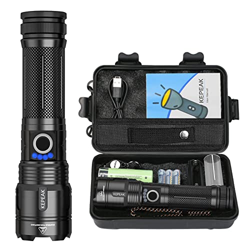 KEPEAK Linterna LED, Linterna Led 10000 Lumen, Alcance 500 Metros, IPX4 Impermeable 5 Modos de Luz, Enfocable, Recargable por USB Cover