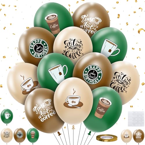 HYOWCHI 48 Pcs Coffee Birthday Decorations Party Balloons Set Disposable Green Brown Its Time for Coffee Theme Frappe Birthday Party Supplies Latex Balloons for Latte Mocha Party Cafes Lover