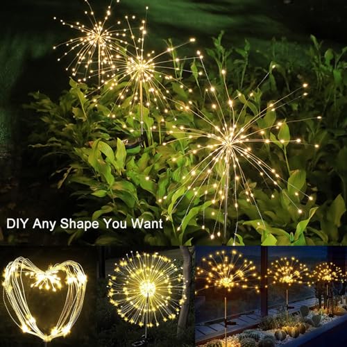 Solar Garden Firework Lights Outdoor Waterproof, 2 Pack 150 LED 8 Lighting Modes Sparklers Solar Twinkling Starburst Lights for Yard Flowerbed Pathway Fence Decorations, Warm White, Copper Wire - Thumbnail 6