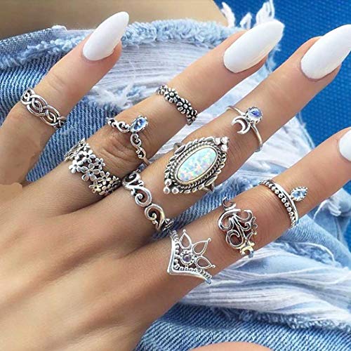 YBSHIN Vintage Crystal Crown Silver Finger Rings Moon Joint Knuckle Rings Sets Opal Stackable Hollow Carved Ring for Women and Girls (Pack of 10)