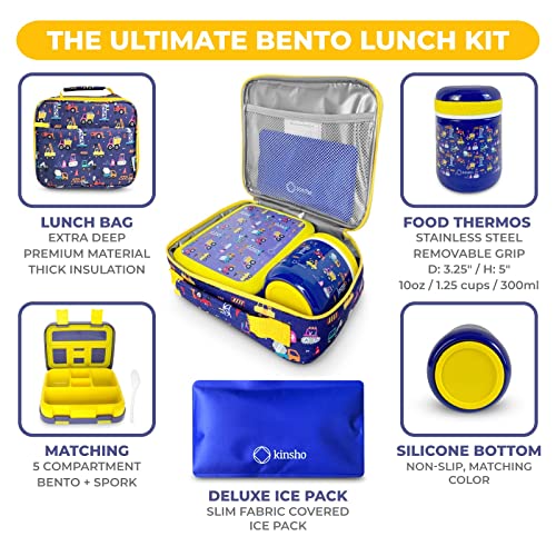 Image of Bento Box With Thermo, Insulated Lunch Bag, & Ice Pack Set For Kids Or Toddlers. Stainless Steel Food Jar, 5 Compartment Lunch-Box For Pre-School Or Daycare, Blue Yellow Trucks