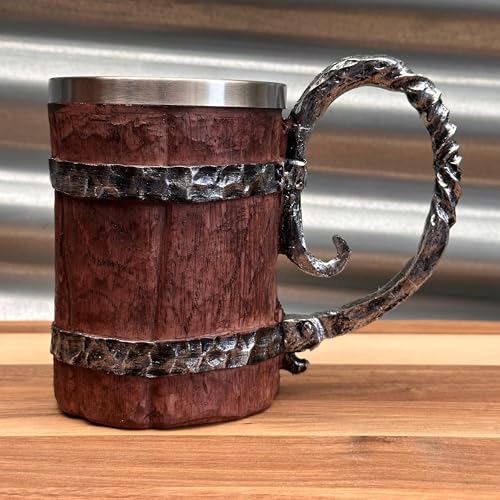 Jarra Vikinga Hidromiel 3D de 500 ml con Interior de Acero Inoxidable | Taza Medieval Estilo Barril con Asa Forjada | Jarra de Cerveza Retro para Fiestas, Halloween, Cosplay y Decoración | 39604