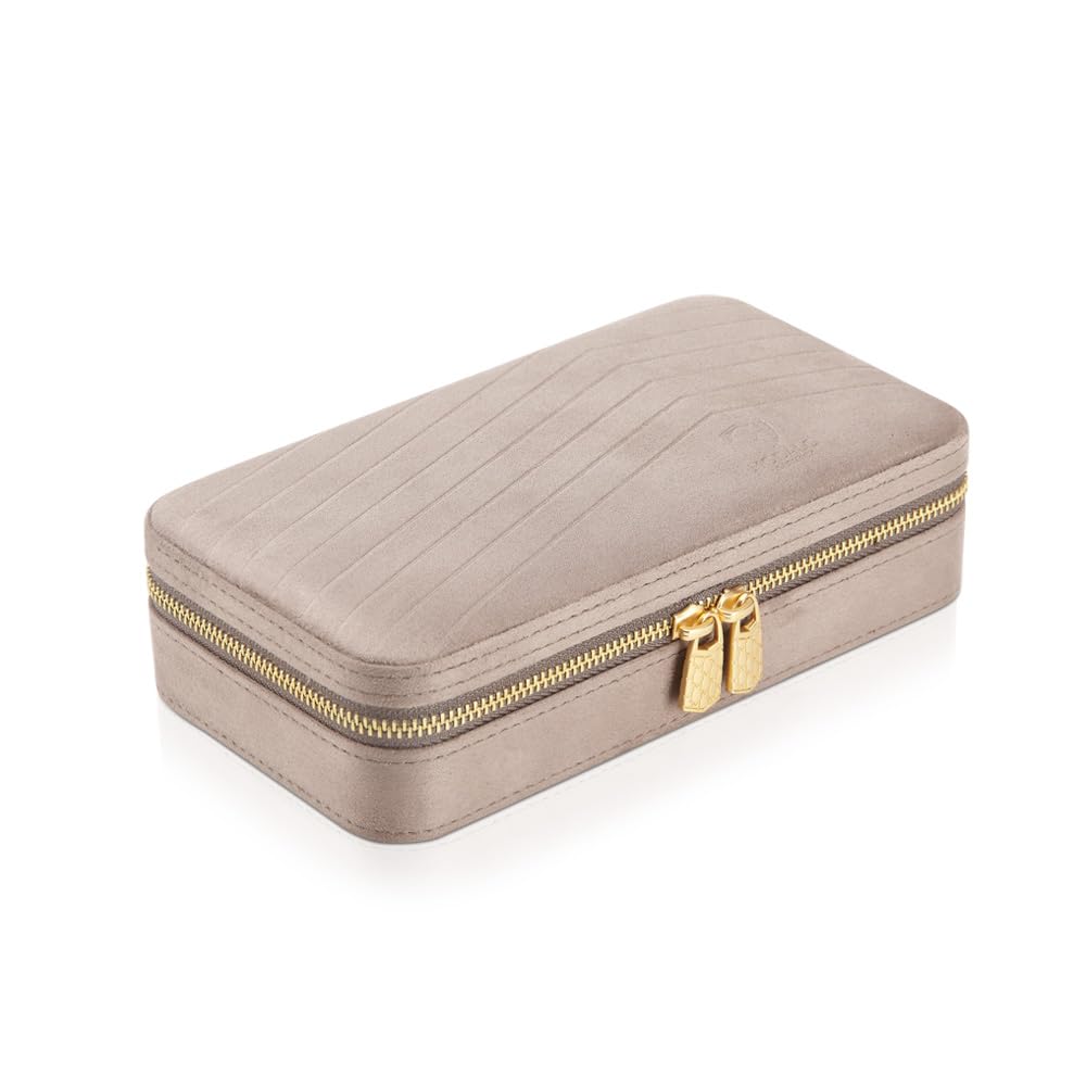 MODALO CUSTODIA Schmuckbox – Elegante Schmuckkästchen mit Reißverschluss, aus hochwertigem Velours, kompakte Schmuckaufbewahrung für Damen, ideal für Ohrringe, Ringe, Ketten & mehr (Hellbraun)