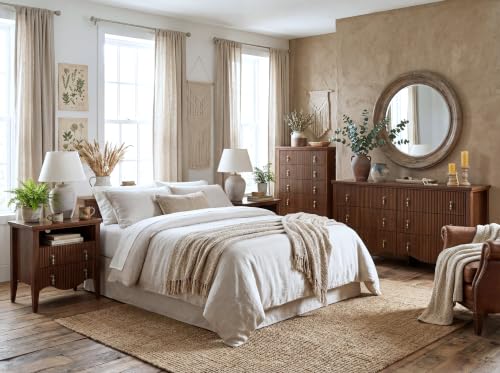 Image of FUSUNBAO Fluted Nightstand with Charging Station & 3 Drawers,Walnut | Vintage Bedside Table, 2 Fluted Drawers and Open Shelf, Rustic End Table, Power Outlet and USB Ports,End Table.bedroom
