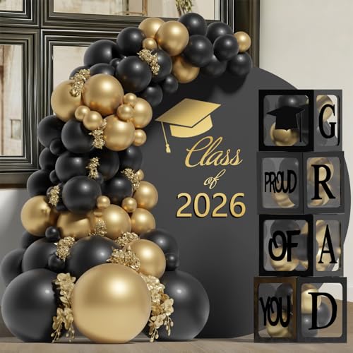 Graduation Decorations 2026 4 Pcs Transparent Balloon Boxes with Letters of GRAD PROUD OF YOU Class of 2026 and 130pcs Black and Gold Balloons Arch Kit for High School College 2026 Grad Party Supplies