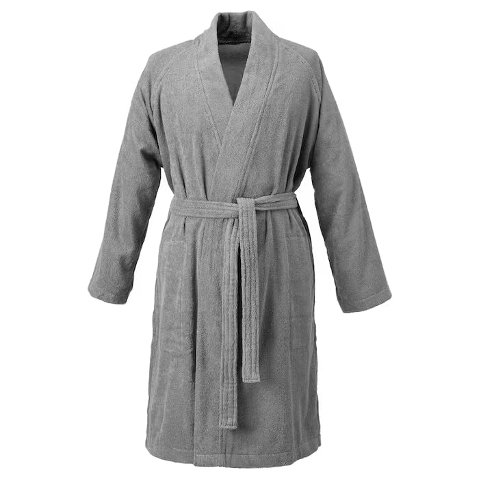 Bathrobe with Adjustable Belt, Lightweight Cotton Robe for After Shower, Soft Shawl Collar Robe for Men & Women, Gray, L/XL