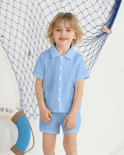 Image of Toddler Boy Clothes Little Kids Summer Outfits Short Sleeve Button Down Shirt Top Shorts Set 2 PCS Boy's Clothing