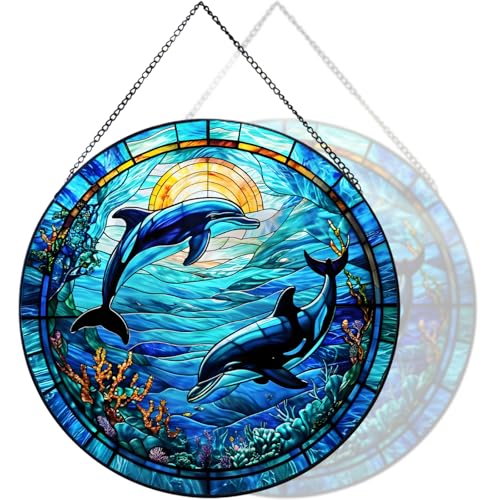 RIVEENY Dolphin Stained Glass Window Hangings,Dolphin Suncatchers for Windows Wall Hanging Christmas Decoration Ornament Housewarming Birthday Gift 20cm/7.87inch