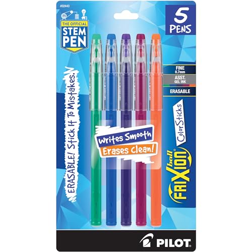 Pilot, FriXion ColorSticks Erasable Gel Ink Pens, Fine Point 0.7 mm, Pack of 5, Kelly Green, Blue, Purple, Magenta & Salmon Pink