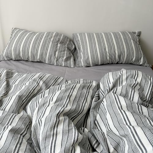 Image of Striped Duvet Cover Set, Queen Size, Dark Grey & White, 3 Pieces | Men's Cotton Bedding Set, Modern Preppy Style, Boys Comforter Cover for College Dorm, 90 inchx90 inch