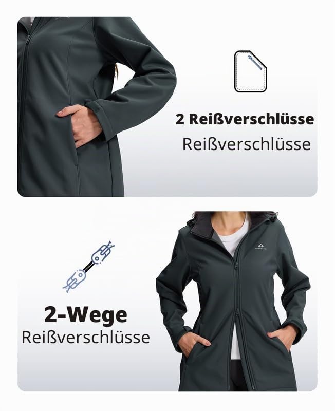 Pioneer Camp Softshelljacke für Damen Lang Fleece Softshellmantel mit Kapuze Wasserdicht & Winddicht Jackes Verstellbare Taille Regenparka mit ReißVerschluss Taschen für Wandern für Wandern Laufen
