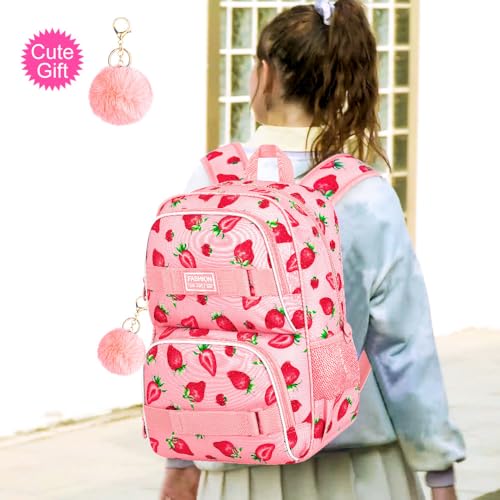 3PCS Backpack for Girls, 17" Water Resistant School Bag with Lunch Box, Cute Strawberry Bookbag Set for Women College Teenagers High Middle Elementary2