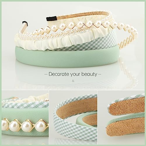 DOXISHRUKY Fashion Headbands for Women Girls Headbands Set, 5pcs Pearl Headband Floral Headbands Padded Headbands for Women Vintage Wide Headband (Green)