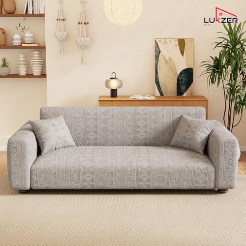 Image of Lukzer 1 Seater Pastel Light Grey Tribal Pattern Sofa Cover | 240 GSM Universal Stretch Fit Jacquard Fabric Couch Protector | Fully Covered Anti Slip & Washable Sofa Cover (90-140cm /SC-072-01)