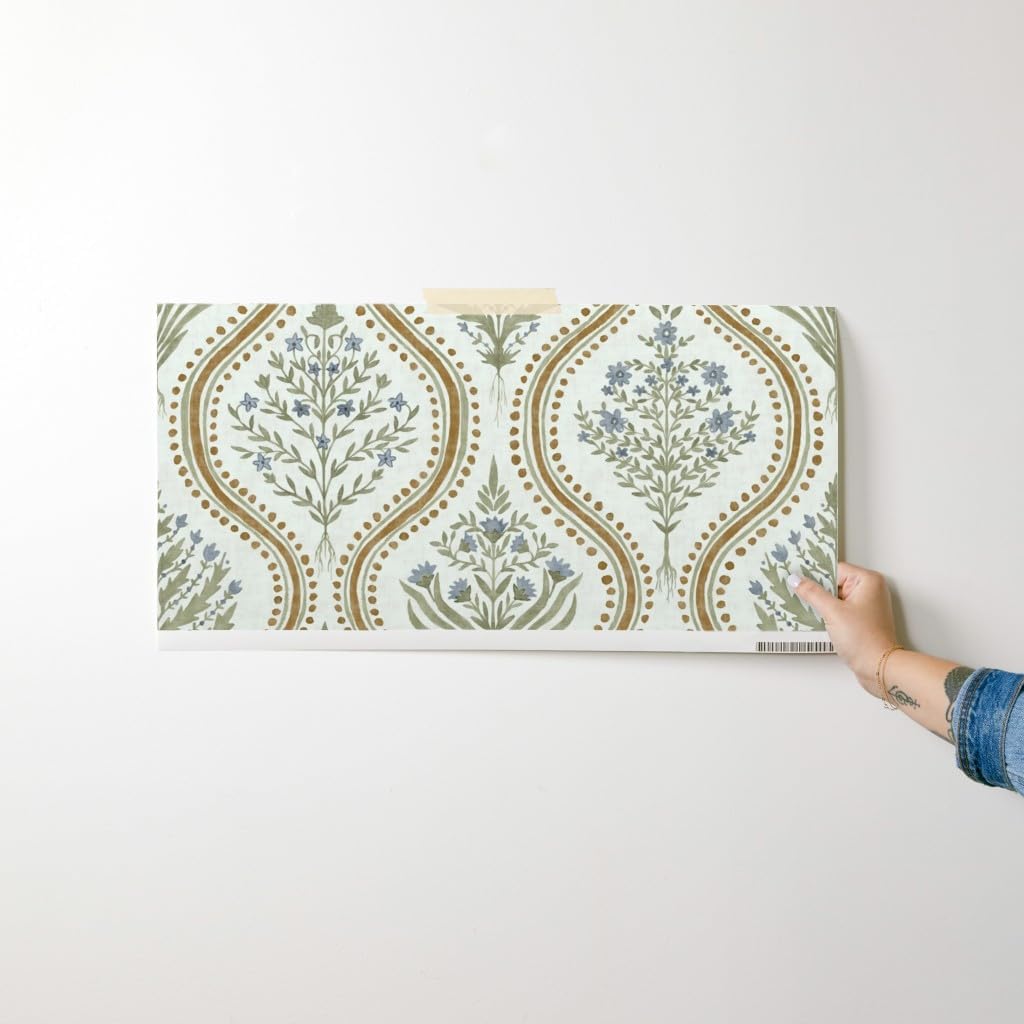 Spoonflower Removable Wallpaper Swatch - Damask Neutral Cottage Herbs French Natural Custom Pre-Pasted Wallpaper