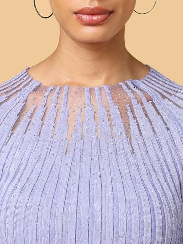 Image of ICW Women Knitted Rhinestone Embellised Daimond Studded Mesh Round Neck Long Sleeve Crop Top T-Shirt 206