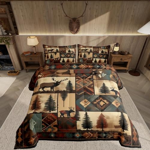 Feelyou Deer Bedding Set Queen Size Wild Animal Comforter Set for Kids Boys Girls Decor Checkerboard Comforter Microfiber Drak Brown Duvet Set