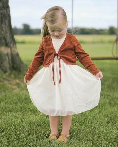 Toddler Girls Solid Sleeveless Swiss Dots Dress and Long Sleeve Knit Tie Front Cardigan Set 2 Pieces Outfits3