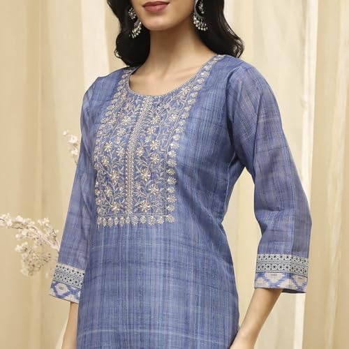 Image of BIBA Women Beige Cotton Machine Embroidered Unstitched Suit Set