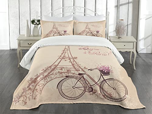 Lunarable Paris Bedspread, Bonjour France Eiffel Tower And Vintage Bicycle Flowers Retro Soft Color Print, Decorative Quilted 3 Piece Coverlet Set With 2 Pillow Shams, Queen Size, Cream Pink #TOP1