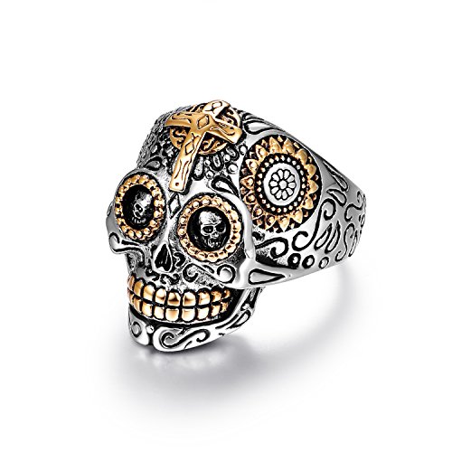 Sugar Skull Rings Jewelry for Men, Stainless Steel Day of the Dead Biker Gothic Cross,Black Womens Mens Promise Wedding Engagement Ring Halloween Size 10