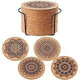 DELSEN 14 Stück Kork Untersetzer Wiederverwendbare Saugfähigen Tasse Coaster Mandala-Muster korkuntersetzer mit Metallhalter für Zuhause Restaurant Büro und Bar