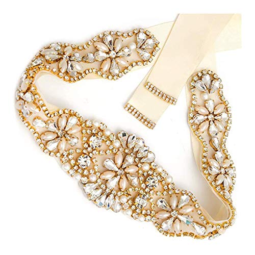 Tendaisy Women's Beaded Rhinestone Pearls Wedding Dress Belt Bridal Sash For Bridesmaid(Gold-Ivory) #TOP11