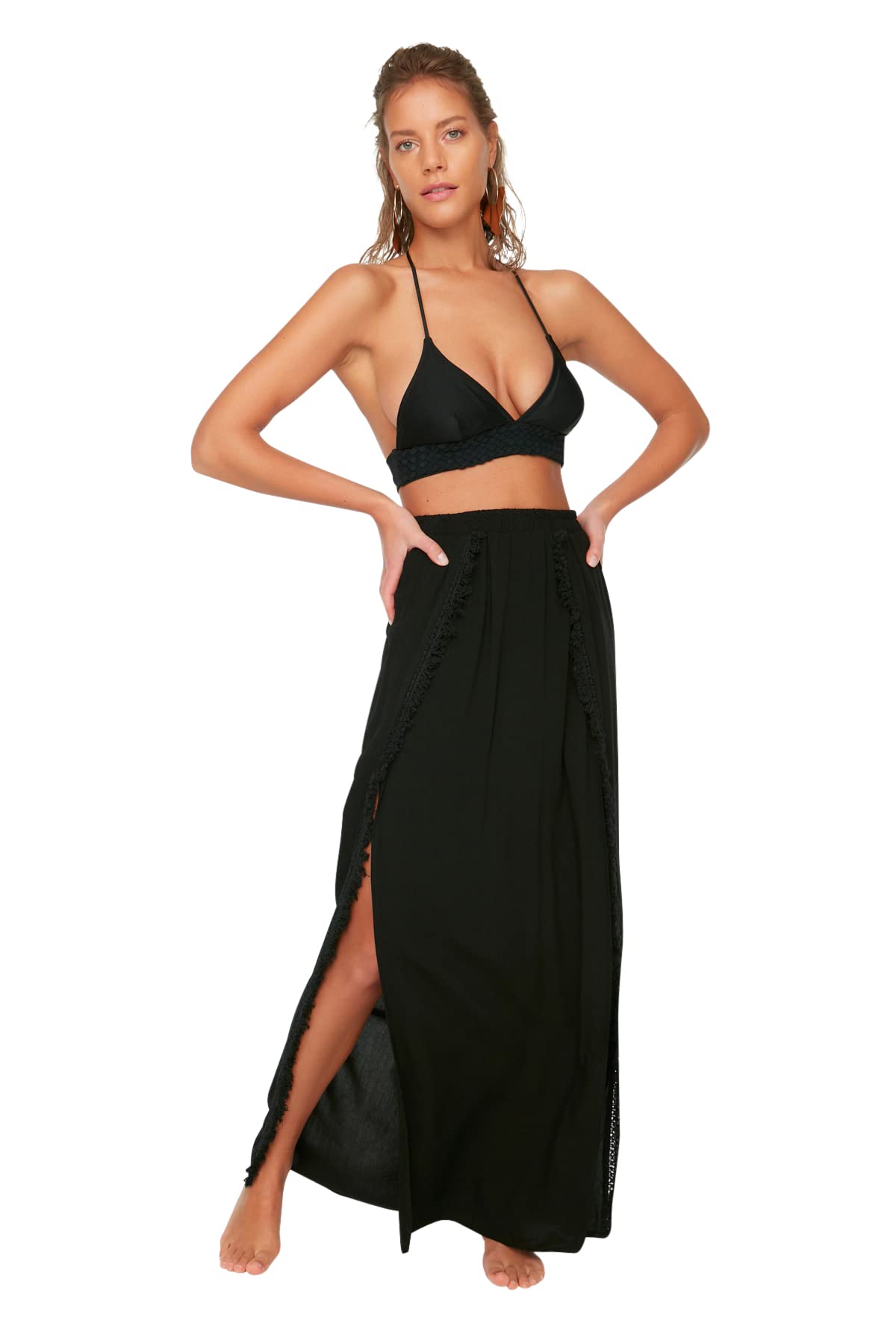 Trendyol FeMan Beachwear Maxi Wrapover Regular fit Woven Skirt Schwarz