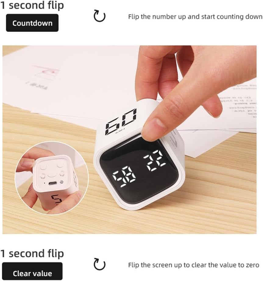 Hand holding white cube timer, showing '1 second flip Countdown' and '1 second flip Clear value' instructions