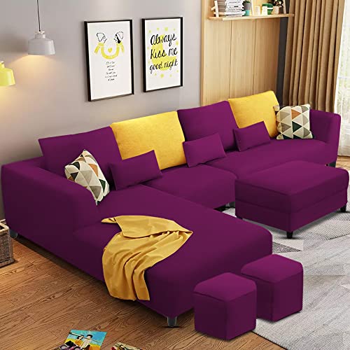 Image of Casaliving Minta LHS 8 Seater L Shape Sofa Set with Ottoman & 2 Puffy for Living Room (Purple - Colour Fabric) Premium Fabric Sofa Set ForLiving Room | Hall