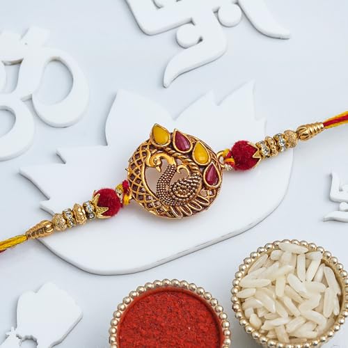Image of eCraftIndia Peacock Rakhi for Brother Bhaiya Bhai with Best Bro Ever Fridge Magnet | Roli Chawal Pack